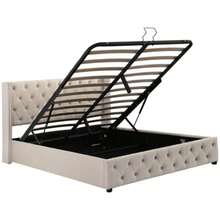 Pillow-Shaped Upholstered Bed, Double Row Of Velvet Rivets, Eyelet Stitching, 140*190 Double Bed With Hydraulic Function, Waterproof Non-Woven Fabric Bed Frame In Black And Beige. - Beige - View 9