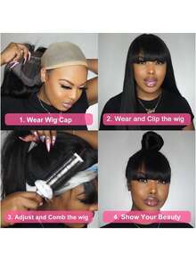 Black Fluffy Natural Loose Body Wave Curtain Bangs Wig 3D Body Wave Lace Frontal Wig With Bangs Pre Everything Put On And Go Glueless Human Wigs,Summer Wig, Loose Body Wave Curtain Bangs Wig With Invisi Drawstring Fit All Head Size Glueless Wigs Human Hair Pre Plucked Pre Cut Bleached Knots Put On And Go Human Hair Wigs Natural Black Color 180% Density Straight Hair Human Wig 8-12 Inch Bob Wig - S1B - 查看 8