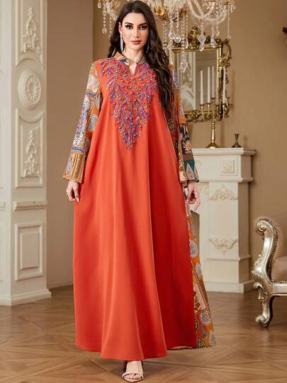 Đầm dài tay nữ kiểu Trung Đông thêu họa tiết Ả Rập, đính cườm, thích hợp mặc ở nhà, đi chơi, dự tiệc, Ramadan, Eid Al-Fitr, Eid Al-Adha, Abaya mùa xuân.