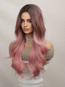 26 Inch Wavy Butterfly Hairstyle Wig With Bangs, Synthetic Fiber Wig, For Women/Girls - Pink Ombre - View 5