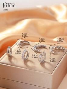 Hihho 6pcs/Set Colorful Zirconia Inlaid Clip-On Earrings, Classic Retro Design Zirconia Earrings, Lightweight Luxury Minimalist Earring Set, Suitable For Daily Stacking Or Single Wear, Best Gift For Friends - Silver - View 8