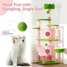 DOGAT Tall Cat Tree Tower 162cm 64 Inch Large Multi Level Indoor Cat Tree With Scratching Posts Condos Hammock Crown Bed Activity Centre For Kittens Multiple Cats And Apartments - Pink/Green - Pink - View 7
