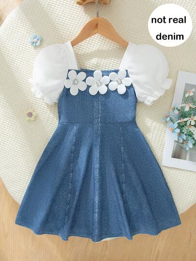 Girls Casual Printed Faux Denim Floral Decor Hidden Zipper Short Sleeve Knee-Length Dress, Summer