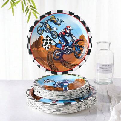 7-Inch And 9-Inch Disposable Party Paper Plates, Dirt Bike Racing Print Party Supplies, Party Dessert Paper Plates, Disposable Paper Plates Suitable For Birthday, Celebration, Party Decorations