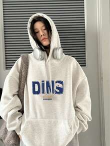 Women's Casual Loose Fit Round Neck Fleece Sweatshirt With Cartoon Letter Print, Versatile For Autumn/Winter - Light Gray - View 3