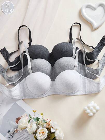 3件装女士舒适多色柔软半罩杯棉质聚拢文胸内衣，适合小胸