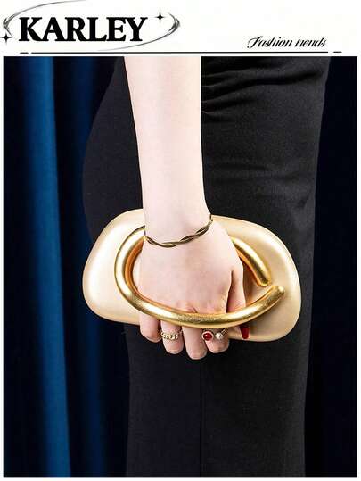 Minimalist Metal Texture Gold Women's Handbag, Fashionable Evening Clutch, Versatile Minimalist Clutch, Chain Crossbody Shoulder Bag, Pearl Handle Tote Bag, Interchangeable Dual Straps