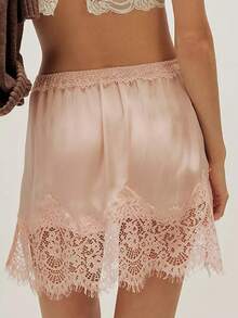 Women Lace Trim Silk Mini Skirt Y2k Lacy Satin A Line Half Slip Short Skirt Cute High Waist Underskirt - Hồng - Xem 2