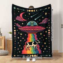 1pc Toon Alien UFO Cow Galaxy Stars Moon Rainbow Print Flannel Blanket - Soft Quilted Throw For Decor, All-Season Cozy Gift ForsAs Valentine's Gifts Birthday Gifts, Family, Wedding, Souvenir Blankets, Polyester Blankets Suitable For All Seasons, Washable, Machine Washable, Lightweight, Breathable, Comfortable, Warm, Unique, 280gsm For Him, Her Personalized Ideal Gifts For Her, Him, Family, Boyfriend, Girlfriend, Father, Family, Mother, Lover, Daughter, Son, Grandfather, Grandmother, Friend, Classmate, Pet. Perfect Nap, Camping, Travel, Home, Daily Life, Office Decoration, Birthday, Anniversary, Valentine's Day, Thanksgiving, Christmas, Halloween, Mother's Day, Father's Day, Wedding, New Year Gifts ,Sofa,Bed,Car,Bedroom,Living Room,Office, Outdoor Camping, Beach,Wall Decoration - 彩色 - 查看 12