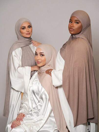 3pcs Jersey Hijabs Value Pack, Upgraded Edged Classic Solid Color Silky Cotton 170*60cm Long Scarf Instant Head Cover Shawl, Suitable For Daily Casual, Outdoor, Gift