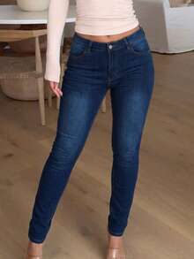 Women's Stretch Skinny Jeans Mid Rise Slim Fit Classic Dark Blue Denim Pants For Casual Daily Wear - 深色水洗藍 - 查看 3
