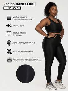 Plus Size Women's Ribbed Fitness Set Gym Top And Shiny Sports Leggings - màu đen - Xem 7