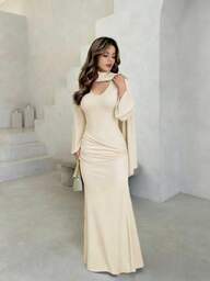 Women's New Elegant Romantic Date Casual Everyday Wear Scarf Shawl Twist Ruffle Flare Sleeve Textured Fabric Zip Waist Fitted Slim Long Dress