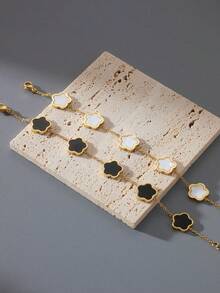 2pcs/Set Men's Stainless Steel 14K Gold Plated Waterproof Non-Fading Classic Versatile Lucky Flower Bracelet Set, Suitable For Daily Wear And Beach Vacation - Multicolor - View 6