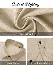 Mens Linen Shirt Classic Button Down Shirt Lightweight Casual Short Sleeve Blouse Holiday Summer Tops With Pocket - 石頭色 - 查看 5