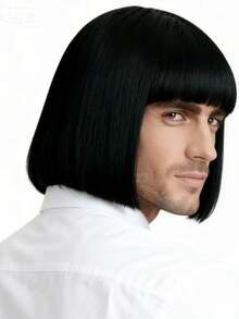 Perucă Bobo neagră pentru bărbați cu breton, aspect natural și confortabil, stil natural rezistent la căldură, densitate mare, potrivită pentru purtare zilnică, petreceri, jocuri de rol, Halloween, Crăciun, cosplay, festivaluri de muzică