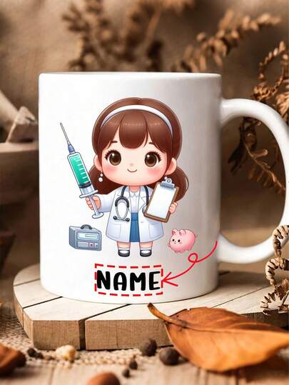 Personlig "Söt läkare sjuksköterska injektion" kaffemugg - Anpassningsbart namn, rolig medicinsk design, dubbelsidigt tryckt keramisk kopp, diskmaskin och mikrovågsugn, lämplig för varma och kalla drycker, present till kaffeälskare, kaffebartillbehör, sjukhusmugg | Humoristisk designmugg, anpassad kreativ kaffekopp, unik födelsedag, sjuksköterskedag och doktorsuppskattningspresent.