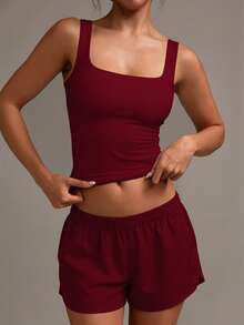 XLLAIS 女士纯色方领无袖背心，修身休闲装，节日及情人节 - 梅子紅 - 查看 2