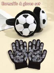 Kids Knitted Plush Earmuffs & Gloves Set, Football Style Warm Earmuffs, Camouflage Polka Dot Print Warm Gloves - Windproof And Touch Screen Compatible, Suitable For Outdoor Skiing, Cycling, Daily Wear - Earmuffs + Gloves - View 1