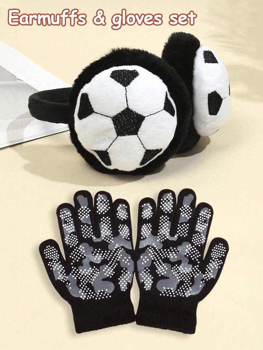 Kids Knitted Plush Earmuffs & Gloves Set, Football Style Warm Earmuffs, Camouflage Polka Dot Print Warm Gloves - Windproof And Touch Screen Compatible, Suitable For Outdoor Skiing, Cycling, Daily Wear - Earmuffs + Gloves - View 1
