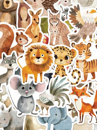 GUTBD 50 Adet Gençler İçin El Çizimi Hayvan Karikatür Etiketleri - Dizüstü Bilgisayarlar, Su Şişeleri, Kaykaylar, Gitarlar ve Seyahat Çantaları İçin Sevimli Suluboya Kendin Yap Çıkartmalar, Mat Yüzey, PVC Malzeme, Kendinden Yapışkanlı Tasarım, Eğlenceli Etiketler