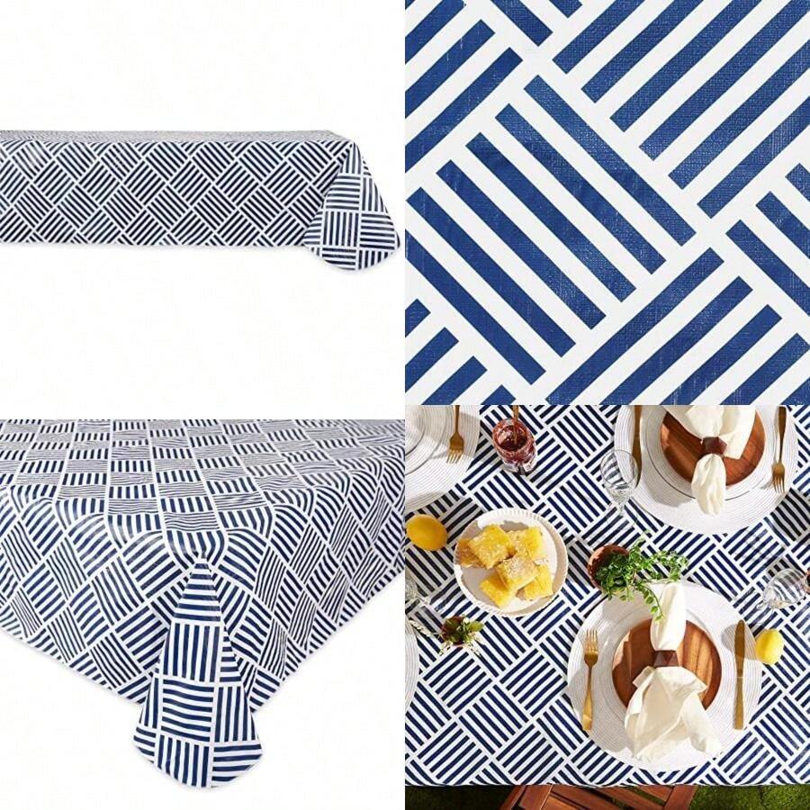 Impermeable Prueba de derrames Mantel de Vinilo, Perfecto para Todas Las Estaciones, Interior, Exterior Picnics y compartifa Fiesta Fiesta o Uso Diario, Azul Marino( Grid), Redondo de 177.8 cm, 1(177.8 x 132.1 cm (Rectangular) Azul) - Multicolor - Ver 1