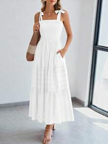 Women Summer Sleeveless Tie Shoulder Strap Smocked High Waist A-Line Long Maxi Dress Boho Beach Holiday Vacation Valentine Sundress With Pockets - trắng - Xem 4