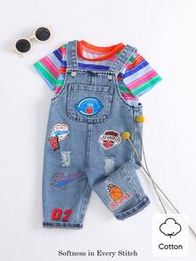 男婴休闲时尚字母图案印花口袋装饰背带裤和多色条纹印花短袖上衣套装，春夏款