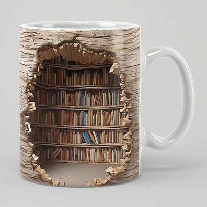 1-Piece 11oz Ceramic Coffee Mug - 3D Library Bookcase Print, Unique Beverage Cup For Book Enthusiasts Multiple Colors Available