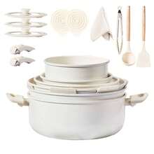 22 - Piece Non - Stick Cookware Set, 6 Pots 3 Lids, Removable Handles, Oven Dishwasher , Includes 28cm Soup Pot, White Aluminum - Default - View 1