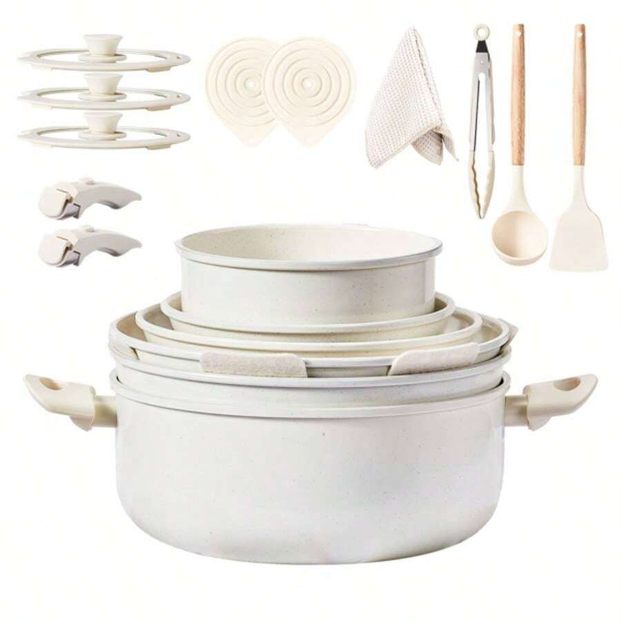 22 - Piece Non - Stick Cookware Set, 6 Pots 3 Lids, Removable Handles, Oven Dishwasher , Includes 28cm Soup Pot, White Aluminum - Default - View 1