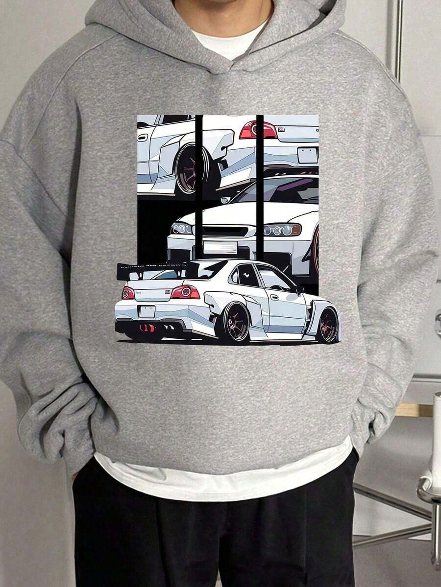 Sudadera con capucha cálida con estampado de coches de dibujos animados para niños preadolescentes - Gris - Ver 1