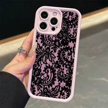 1pc Cute Phone Pink Base Black Lace Woven Printed Pattern Design Pink Phone, Suitable 17 16 15 14 13 12 11 Pro Plus, TPU Protective Phone, Fashionable Protective Cover, Suitable As A Items, Pattern Phone Birthday Halloween Boyfriend Father Mother Family Friends. Gifts Women - Kiểu 1 (1 CÁI) - Xem 3