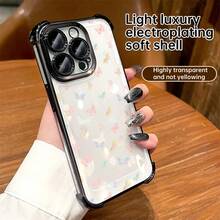 Flower Butterfly Patterned Transparent Four-Corner Electroplated Airbag TPU Soft Shell Is Compatible For IPhone 17 Pro Max/Air/16/15/14/13/12/11/X/XS. For Samsung S22/S23/S24/25. It's An Ideal Gift For Christmas And Valentine's Day, Perfect For Boyfriends, Girlfriends, And Family. - 粉色 - 查看 4