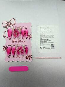 10pcs Cute Baroque Y2K French Shiny Cat Eye Metal Acrylic False Nails Set, Includes Handmade Long Pointed Pink, Gold, Purple, Orange, Blue, Green Nail Tips With Hand-Painted Floral, Wavy Cat Eye, 3D Tie-Dye, 3D Crown, Heart, Butterfly, Sun, Star, Zebra, Leopard, Turquoise Patterns, Suitable For Christmas - Màu Hồng Tươi - Xem 9