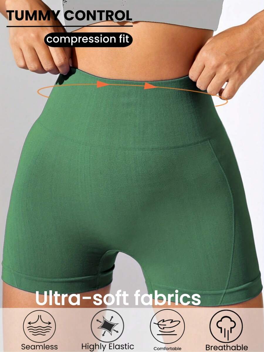 1 chiếc quần short thể thao nữ không đường may, cạp cao, màu trơn, chất liệu dệt kim, thích hợp cho yoga, tập luyện và đạp xe, thoải mái, thân thiện với da, thời trang năng động mùa hè.