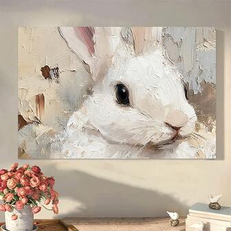 Pintura abstracta en lienzo de un conejito de color marfil, sin marco - Impresión artística ideal para decoración del hogar, regalo perfecto para el Día de San Valentín o Pascua