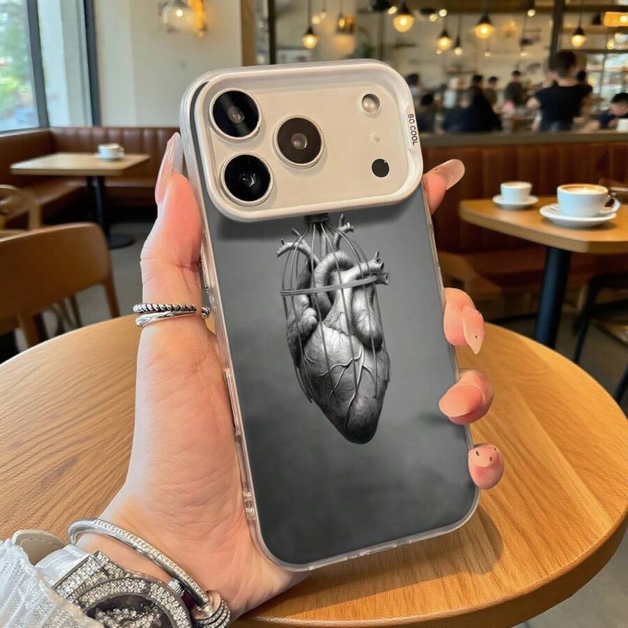 Funda de Teléfono Diseño de Corazón Anatómico Gris Para iPhone 14 15 Pro Max Galaxy S23 S24 Ultra Ideal para Regalo en Todas las Estaciones - Negro - Ver 1