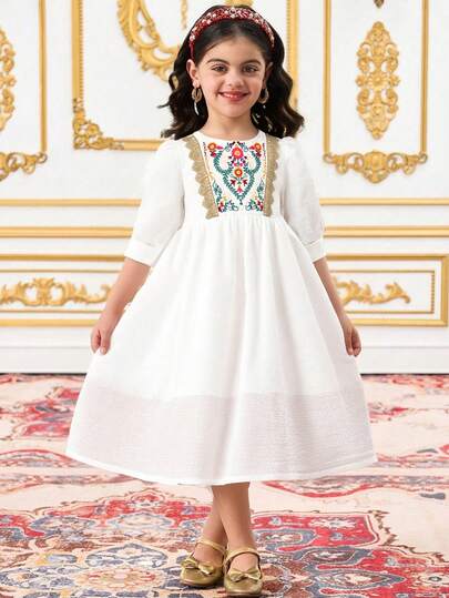 Vihyde 1pc Young Girl Floral Print Dress With Puff Sleeves And Gold Trim, Festive Design