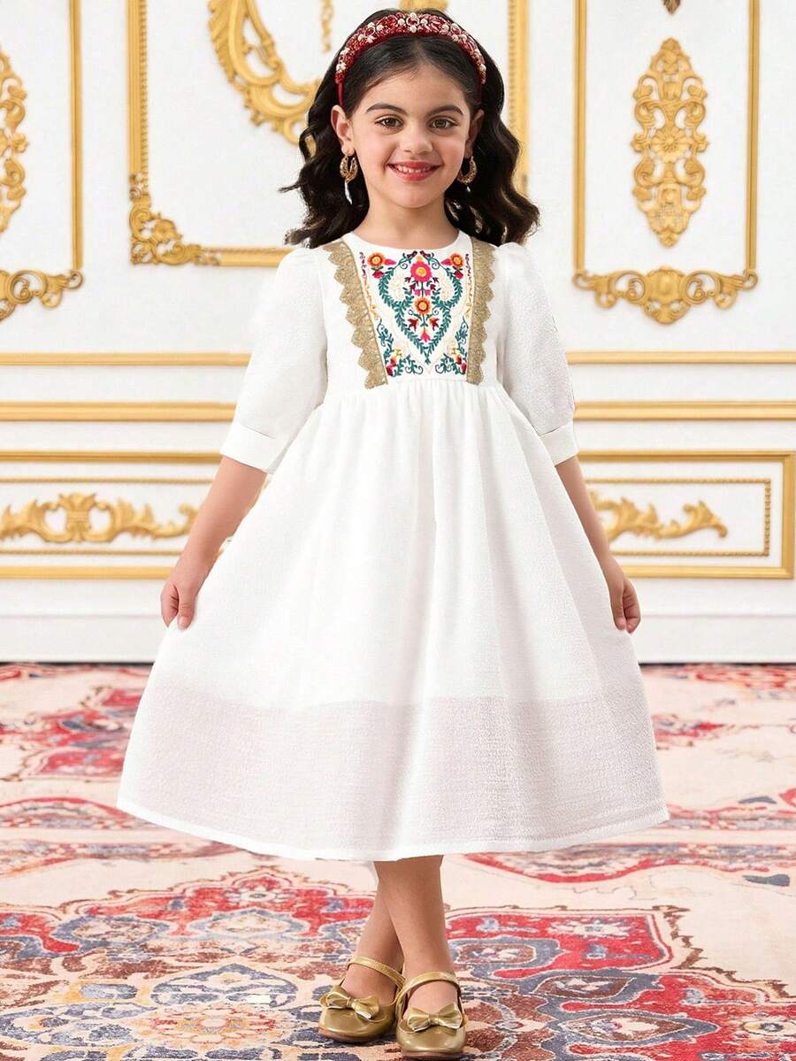 Vihyde 1pc Young Girl Floral Print Dress With Puff Sleeves And Gold Trim, Festive Design - White - View 1