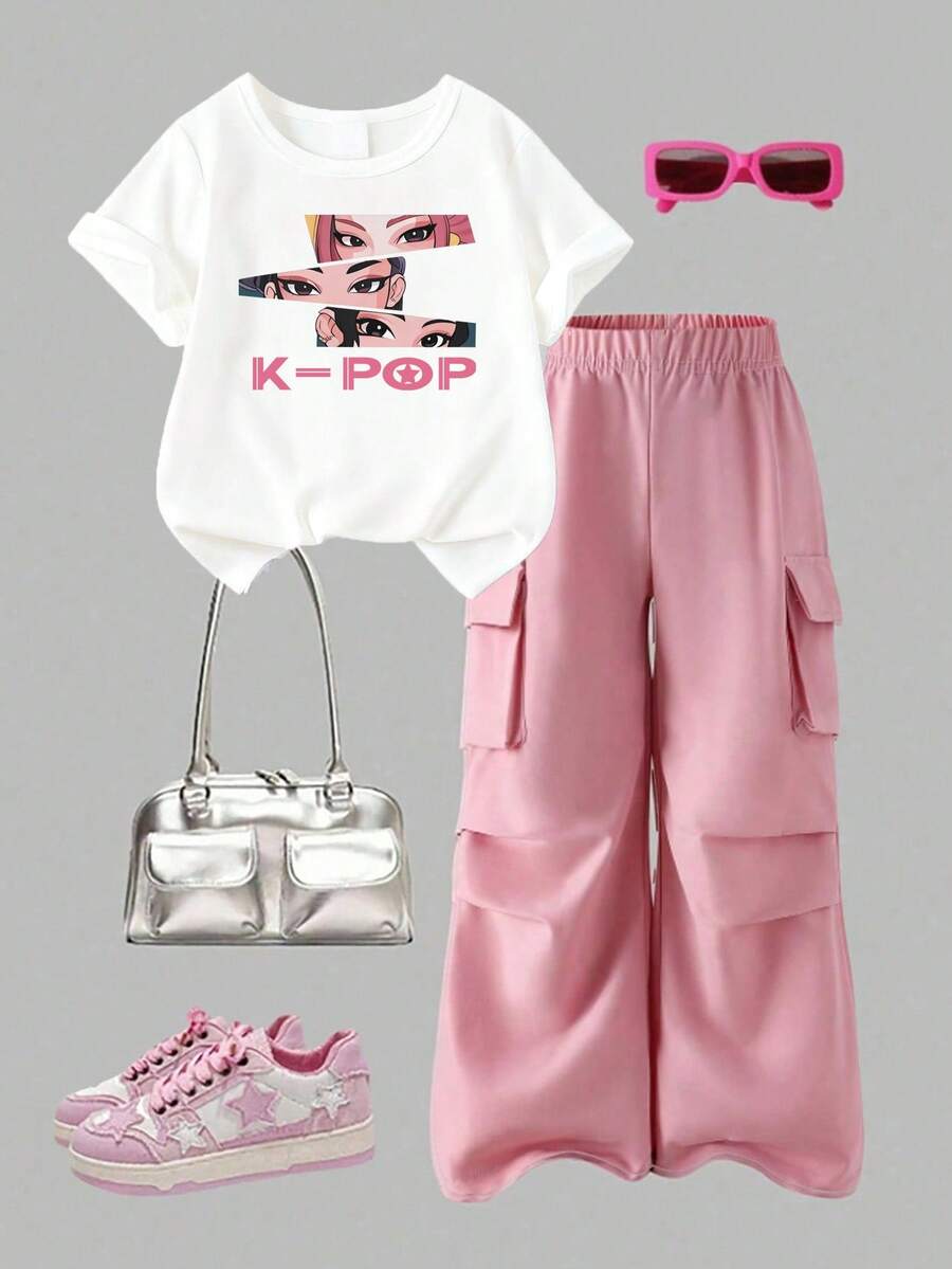 Girls' Casual Set - Cartoon Print Round Neck Short Sleeve T-Shirt And Cargo Pants - Pink - View 1