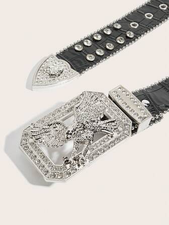 1pc Western Style Men's Belt, Vintage Black Crocodile Texture Rhinestone Embellished Metal Eagle Buckle Leather Belt, Y2K Rockstar Luxurious Belt, Suitable For Jeans, Casual Pants, Outdoor Activities, Valentine's Day, Halloween, Music Festivals, Graduation, Birthday Gift, Suitable For Spring, Summer, Autumn And Winter