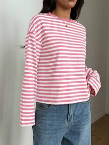 SDNGED Women Casual Top, Striped Contrast Ribbed Everyday Wear Spring - Pink - View 5
