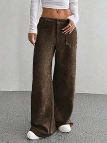 Autumn And Winter Casual Women's Front And Back Pocket Loose Solid Color Wide Leg Pants - 咖啡色 - 查看 4