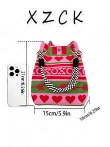 [XZck] Fashionable Knitted Bucket Handbag, Heart Pattern Design Tote Bag, Lightweight Foldable Handbag With Unique Design To Stand Out During Holidays, Great Gift For Girlfriend, Valentine's Day Gift - Multicolor - View 8