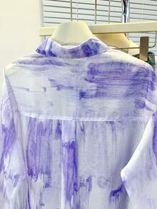 YUXIN 大码女式甜美扎染轻薄宽松透气长袖衬衫，休闲/度假款，春季翻领衬衫 - 紫色 - 查看 8