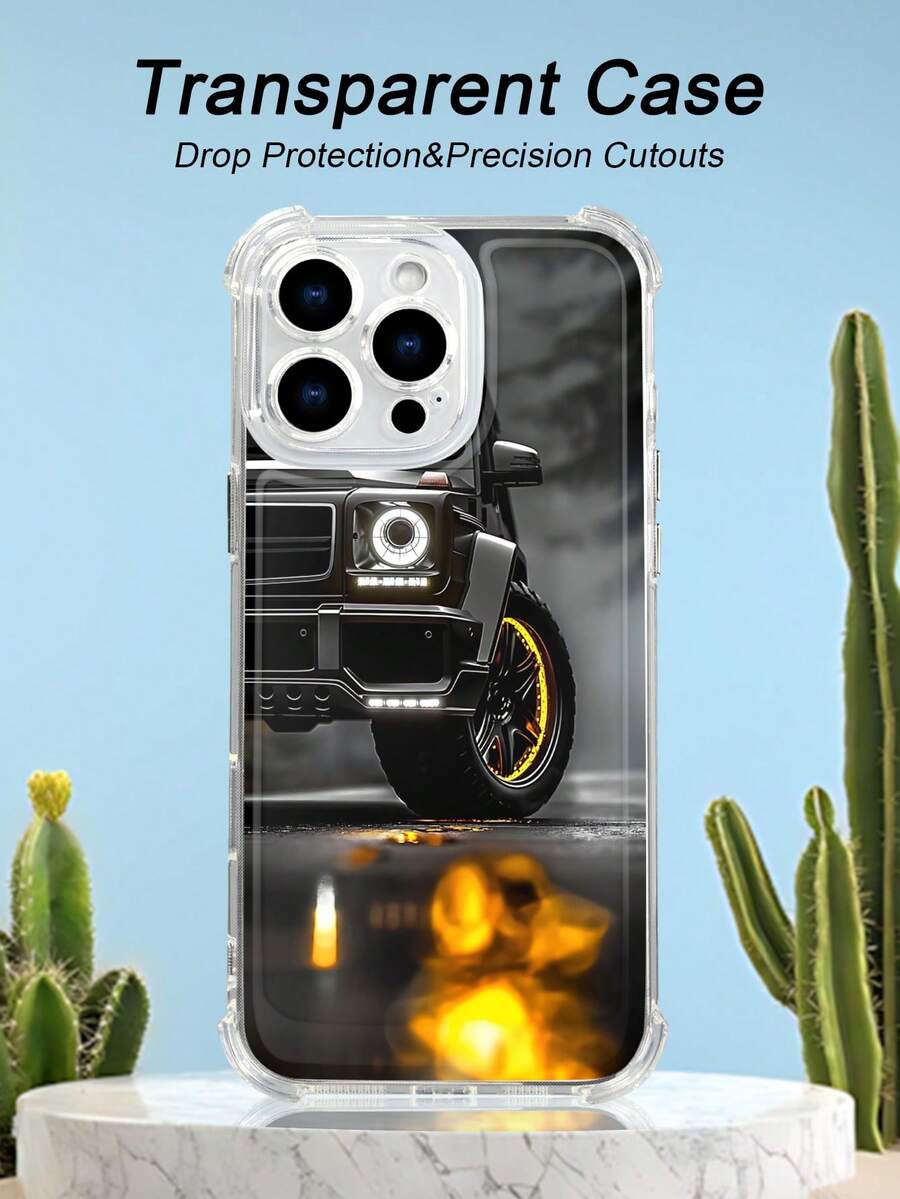 1PC Funda transparente con diseño de vehículo todoterreno negro con rines dorados y luces brillantes, estilo minimalista robusto y moderno, protección contra caídas, ideal para hombres y amantes de los autos de alto rendimiento y el estilo urbano, regalo perfecto para fiestas, amigos, pareja o familia : funda transparente resistente a golpes, compatible con Apple Phone17/16/15/14/13/12/11/XS/XR/X/PLUS/PRO/PROMAX, agarre cómodo, regalo ideal para ocasiones especiales - transparente - Ver 1