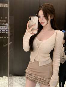 两件套女士早春针织毛衣上衣+吊带背心，新款通勤休闲开衫&背心套装 - 杏色 - 查看 1