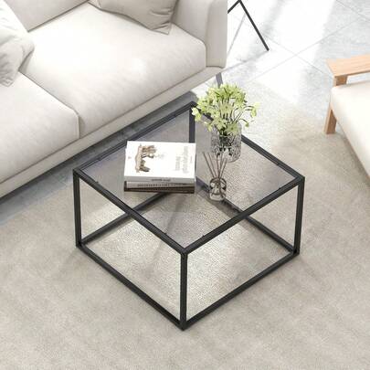 COSTWAY Glass Coffee Table, 70 CM Modern Square Coffee Table With Metal Frame, Minimalist Center Table Cocktail Table For Living Room, Home, Office, Small Space, Easy Assembly, Grey