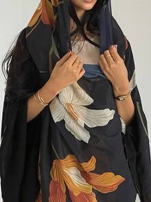 一件女士长款休闲优雅印花阿巴雅，迪拜时尚沙特阿拉伯开衫长袍披肩，适合日常穿着和春假聚会。 - 彩色 - 查看 4